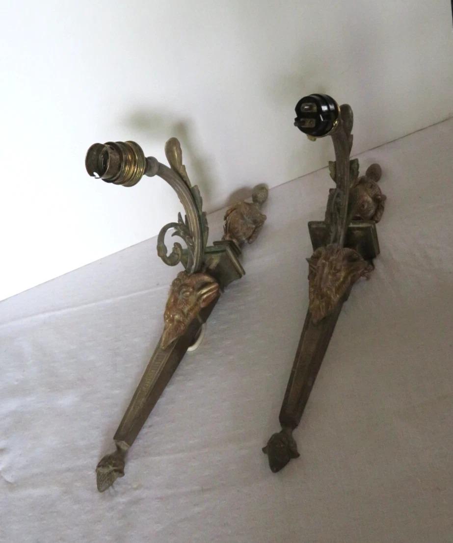 Pair of Gilt Bronze Ram Head Wall Sconces, French Decorative Wall Lights