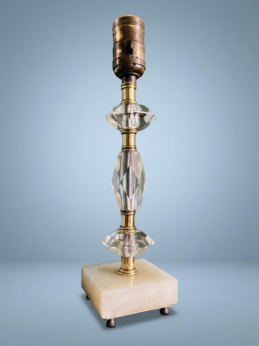 Vintage Hollywood Regency Style Table Lamp, Faceted Glass and Brass-Tone Stem on Square Veined Stone Base