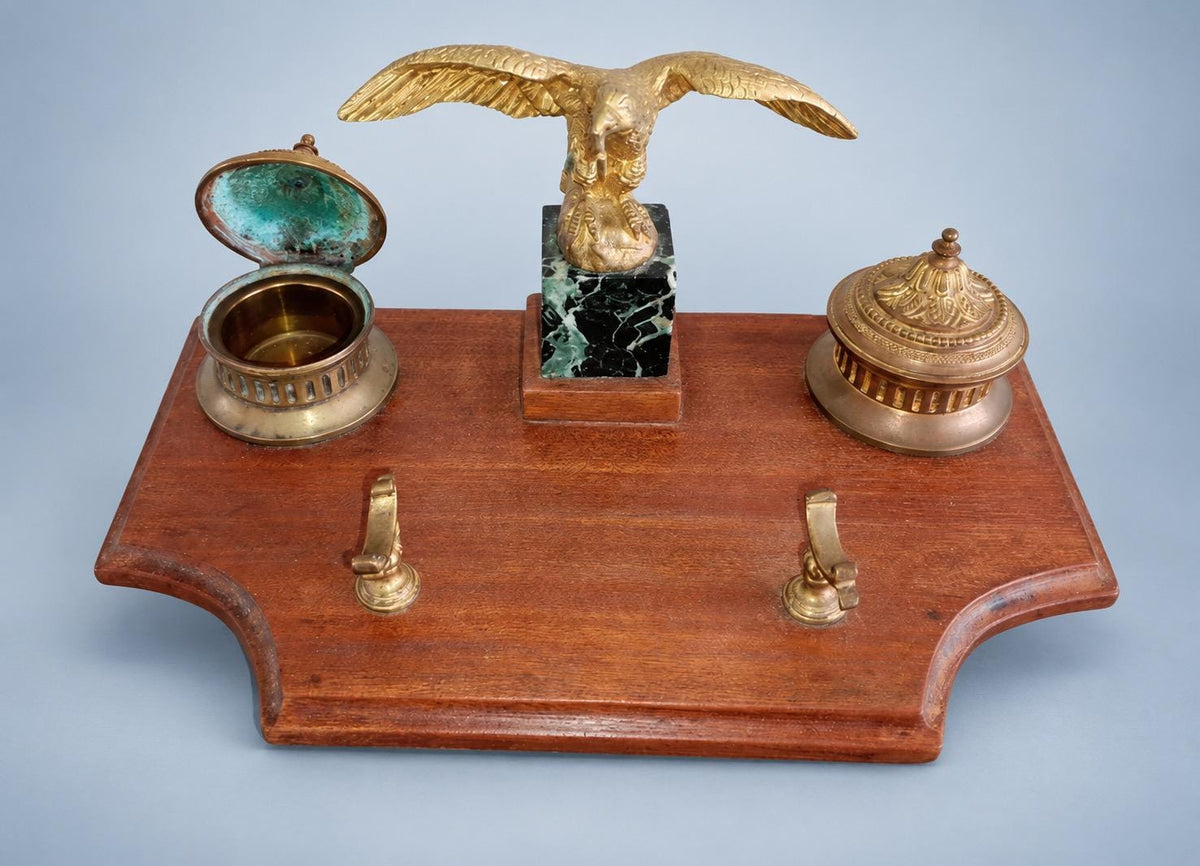 Vintage Double Inkwell Desk Stand with Gilt Metal Eagle Pocket Watch Holder on Veined Stone Block, Napoleon III Style