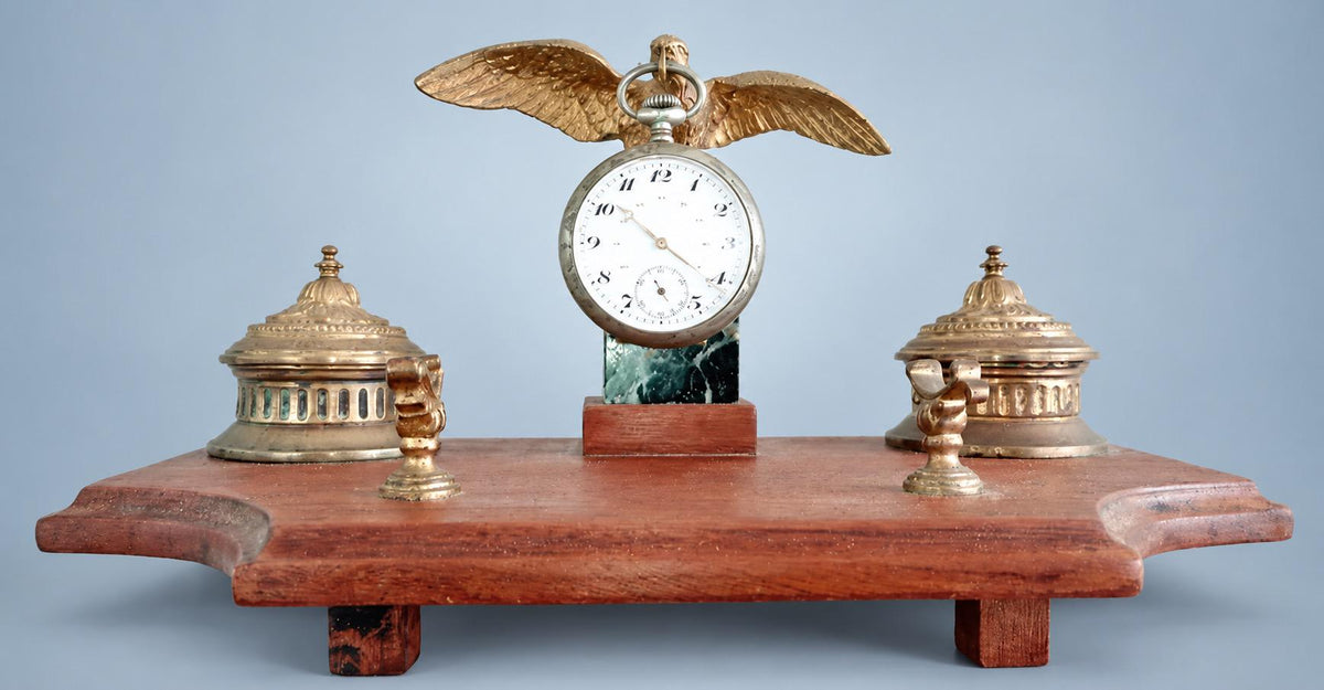 Vintage Double Inkwell Desk Stand with Gilt Metal Eagle Pocket Watch Holder on Veined Stone Block, Napoleon III Style