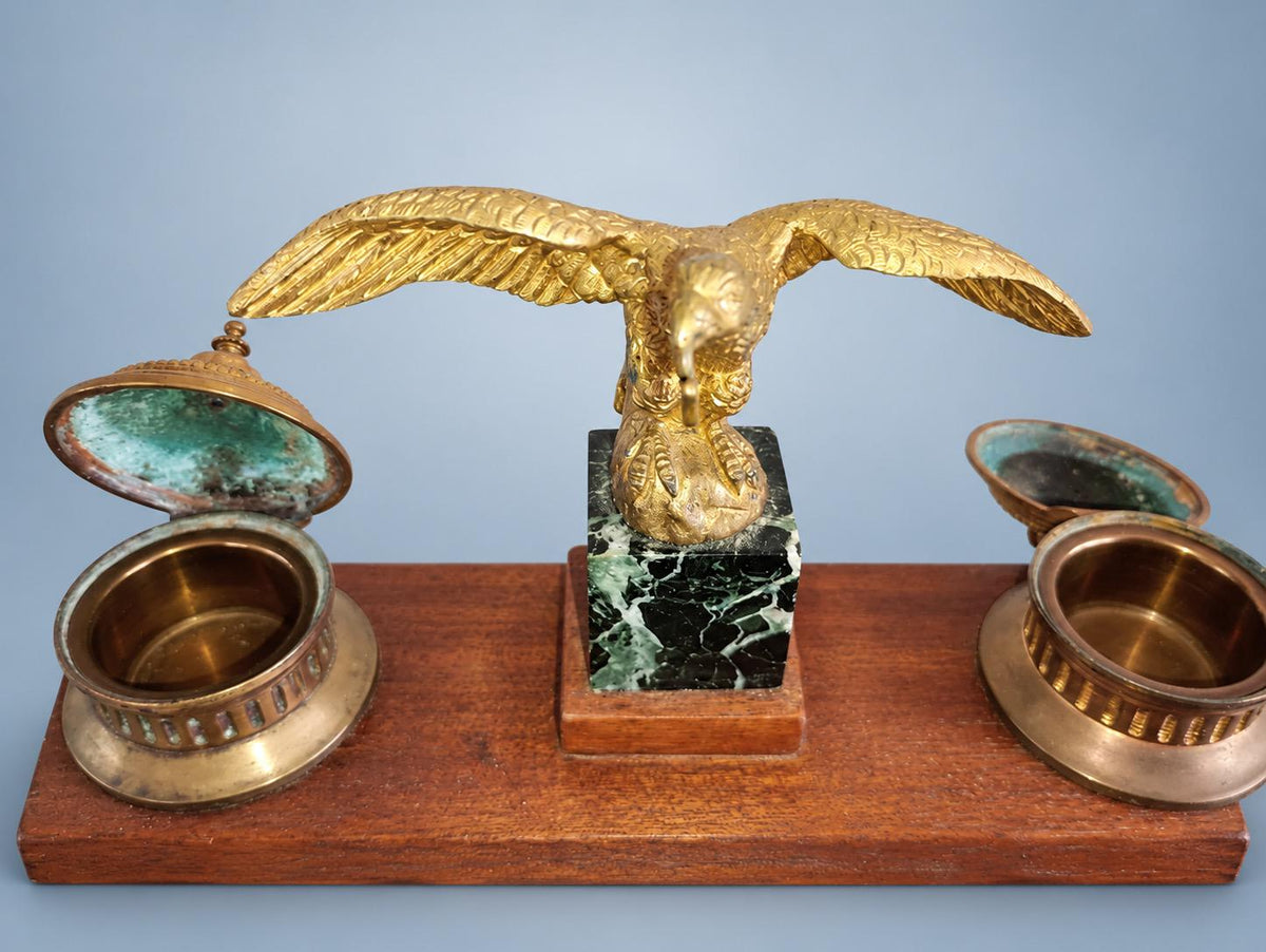 Vintage Double Inkwell Desk Stand with Gilt Metal Eagle Pocket Watch Holder on Veined Stone Block, Napoleon III Style