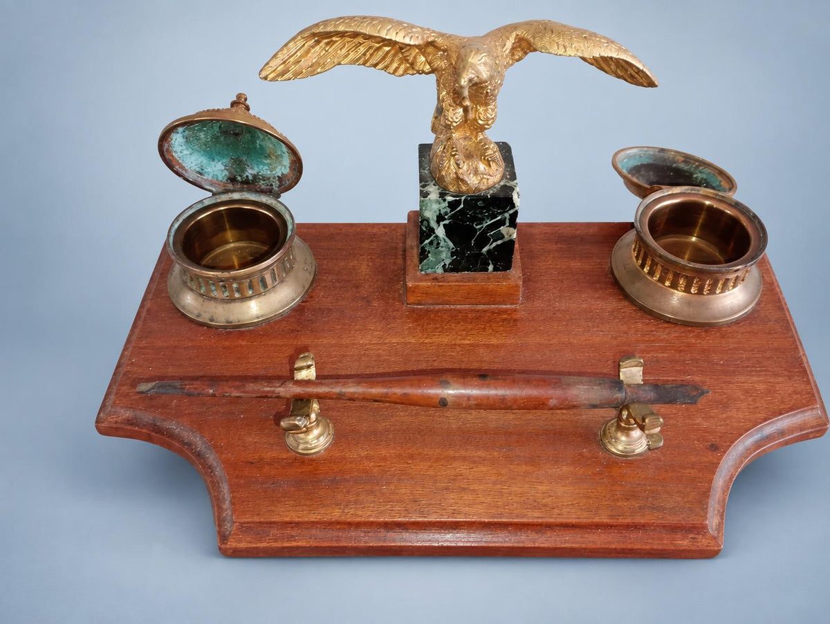 Vintage Double Inkwell Desk Stand with Gilt Metal Eagle Pocket Watch Holder on Veined Stone Block, Napoleon III Style