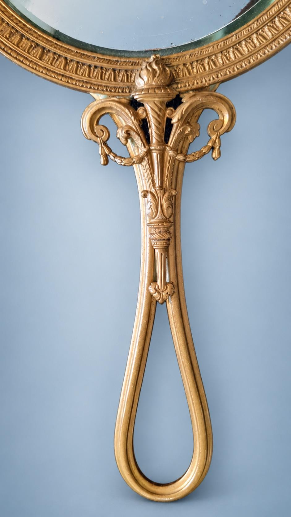 Louis XVI Style Gold-Tone Hand Mirror, Laurel Wreath and Ribbon Frame, Beveled Glass, 28.5 cm