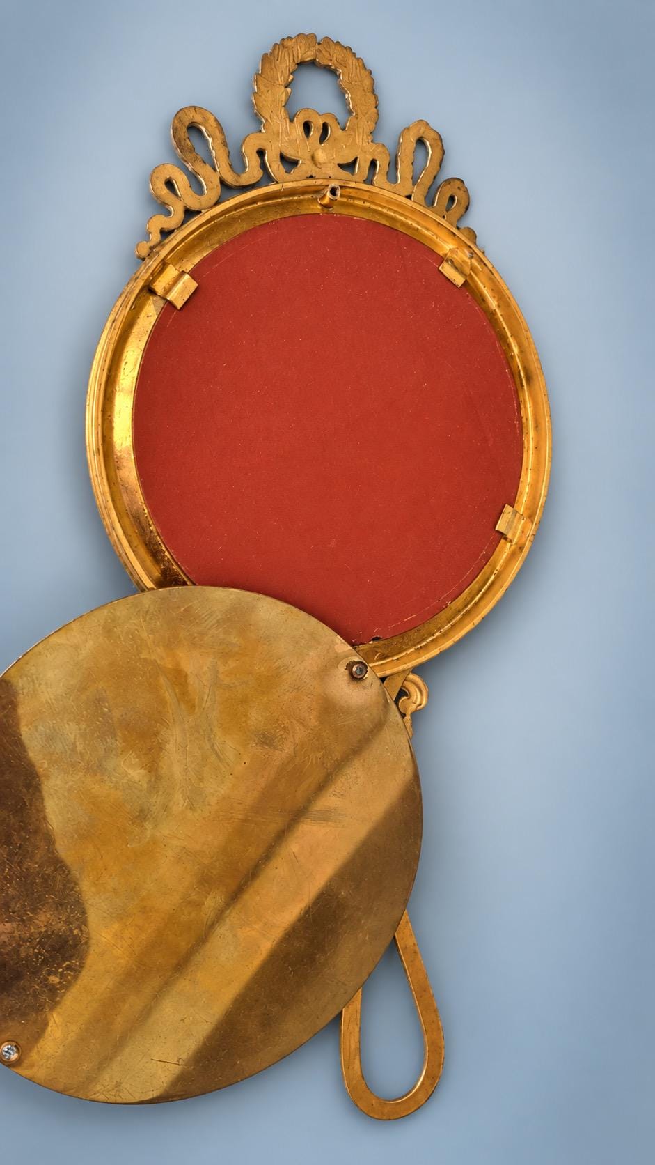 Louis XVI Style Gold-Tone Hand Mirror, Laurel Wreath and Ribbon Frame, Beveled Glass, 28.5 cm