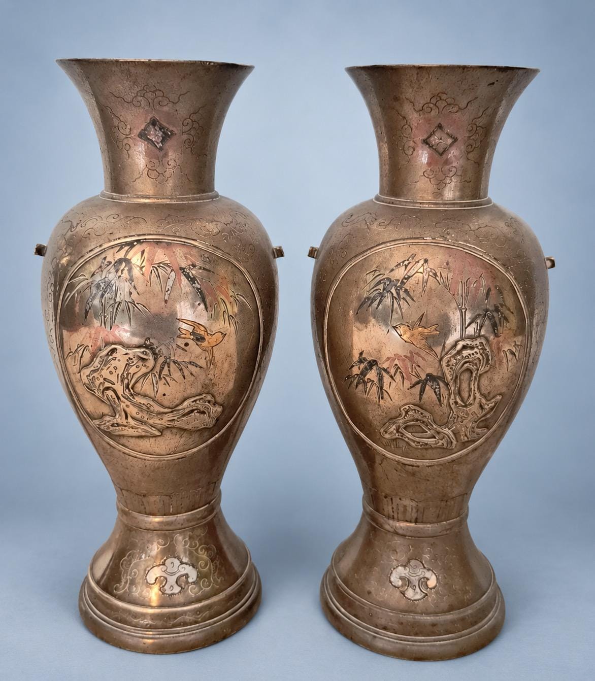 Antique Pair of Meiji Style Mixed-Metal Vases, Bird, Bamboo and Rock Panels in Copper, Gold and Silver Tones
