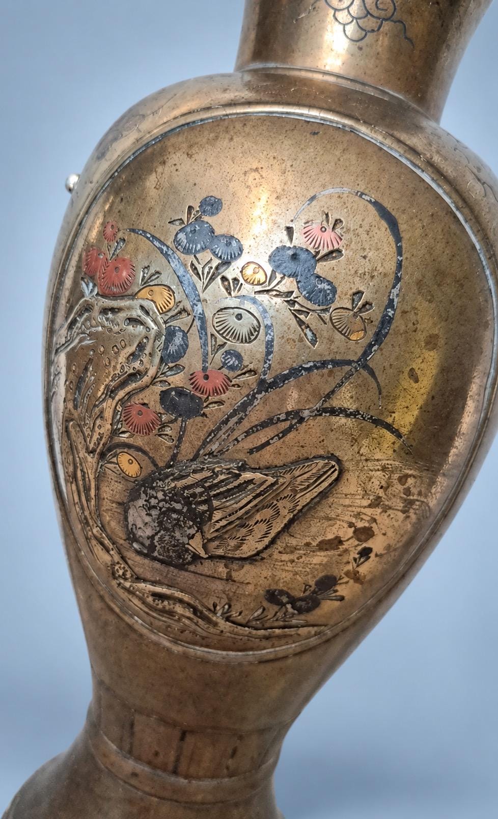 Antique Pair of Meiji Style Mixed-Metal Vases, Bird, Bamboo and Rock Panels in Copper, Gold and Silver Tones