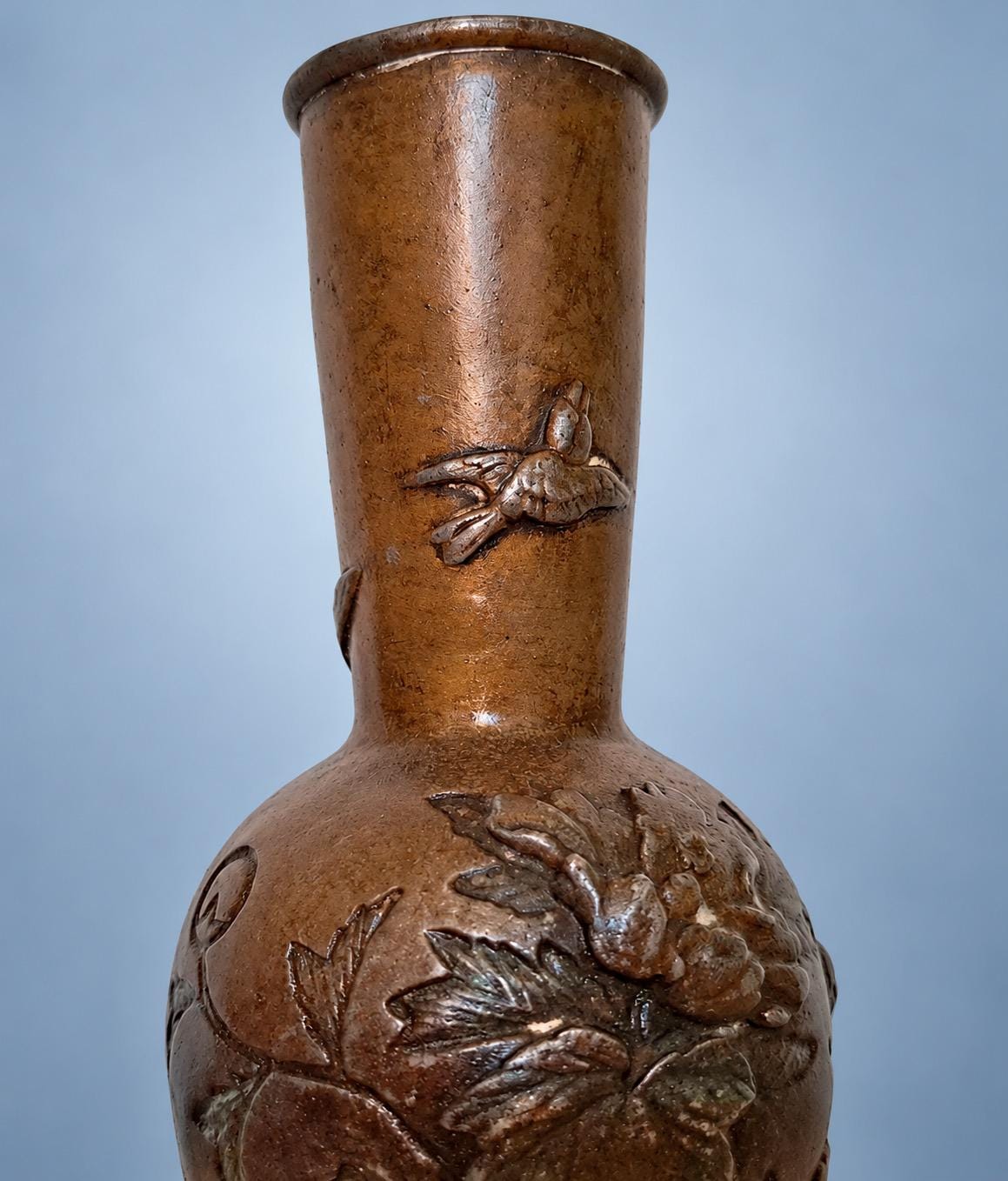 Antique Pair of Small Meiji Style Patinated Metal Bottle Vases, Peonies and Flying Birds in Relief
