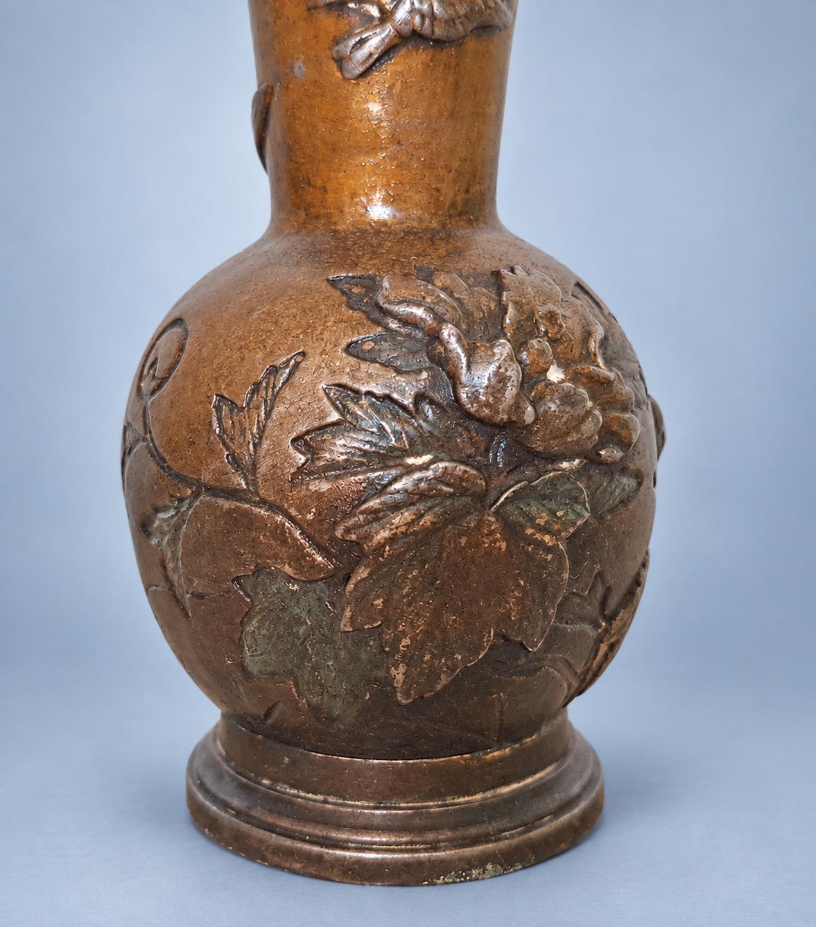 Antique Pair of Small Meiji Style Patinated Metal Bottle Vases, Peonies and Flying Birds in Relief