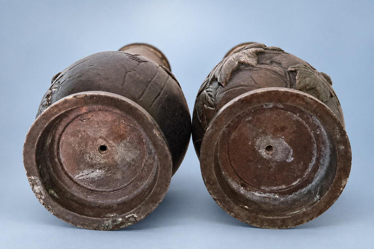 Antique Pair of Small Meiji Style Patinated Metal Bottle Vases, Peonies and Flying Birds in Relief