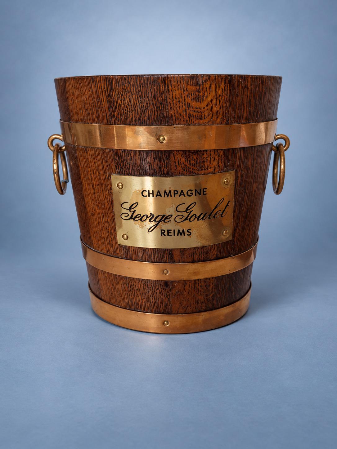 Vintage George Goulet Champagne Advertising Bucket, Coopered Wooden Staves with Copper-Tone Bands and Ring Handles
