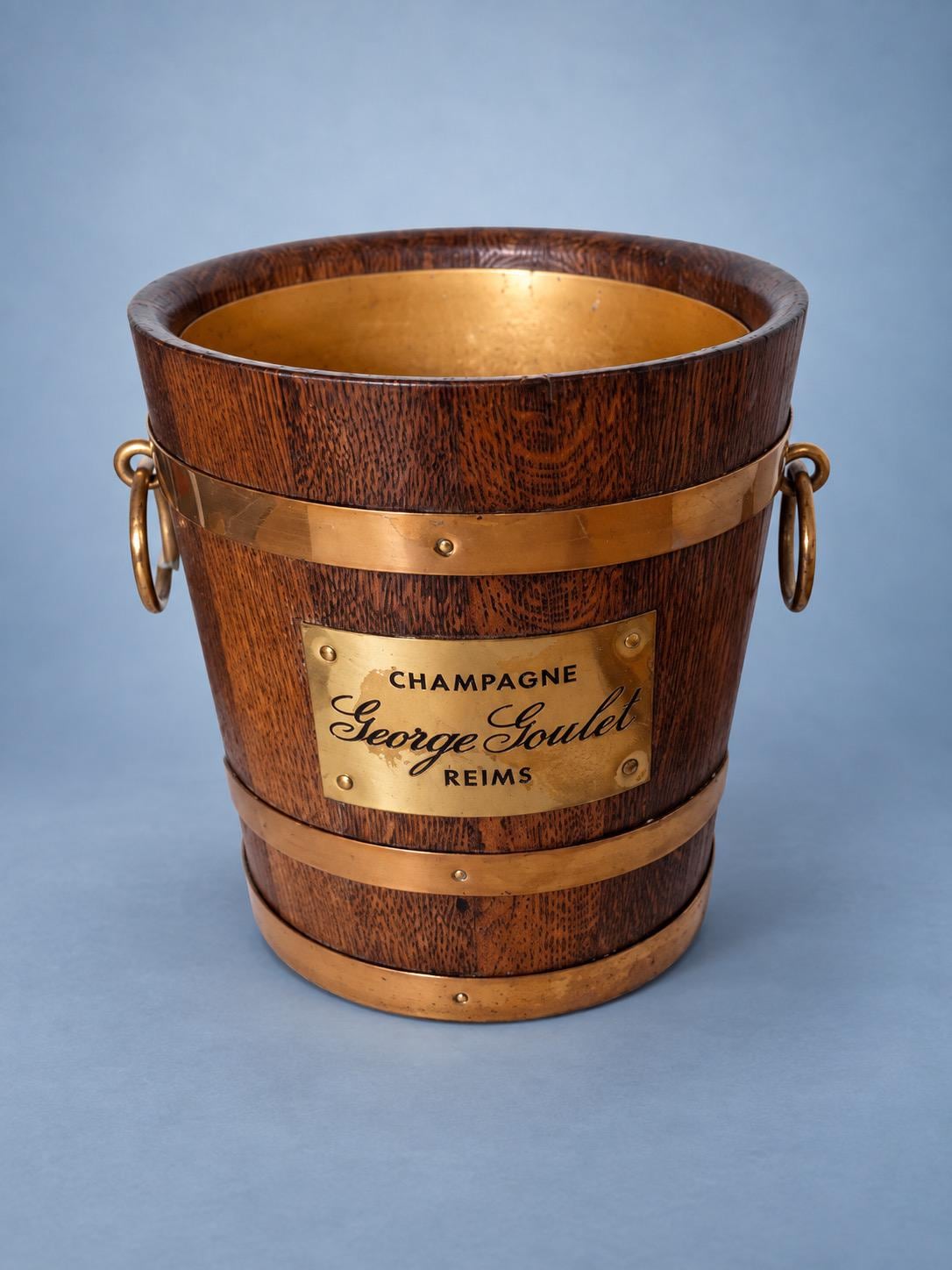 Vintage George Goulet Champagne Advertising Bucket, Coopered Wooden Staves with Copper-Tone Bands and Ring Handles