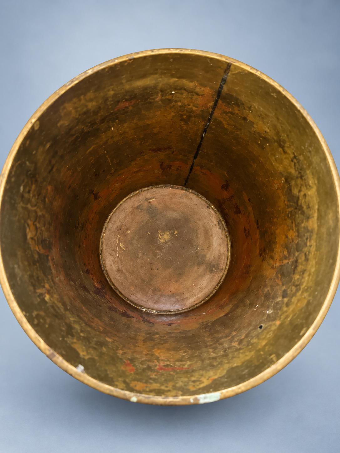 Vintage Hammered Brass-Tone Champagne Bucket with Lion Mask Ring Handles, Hollywood Regency Style