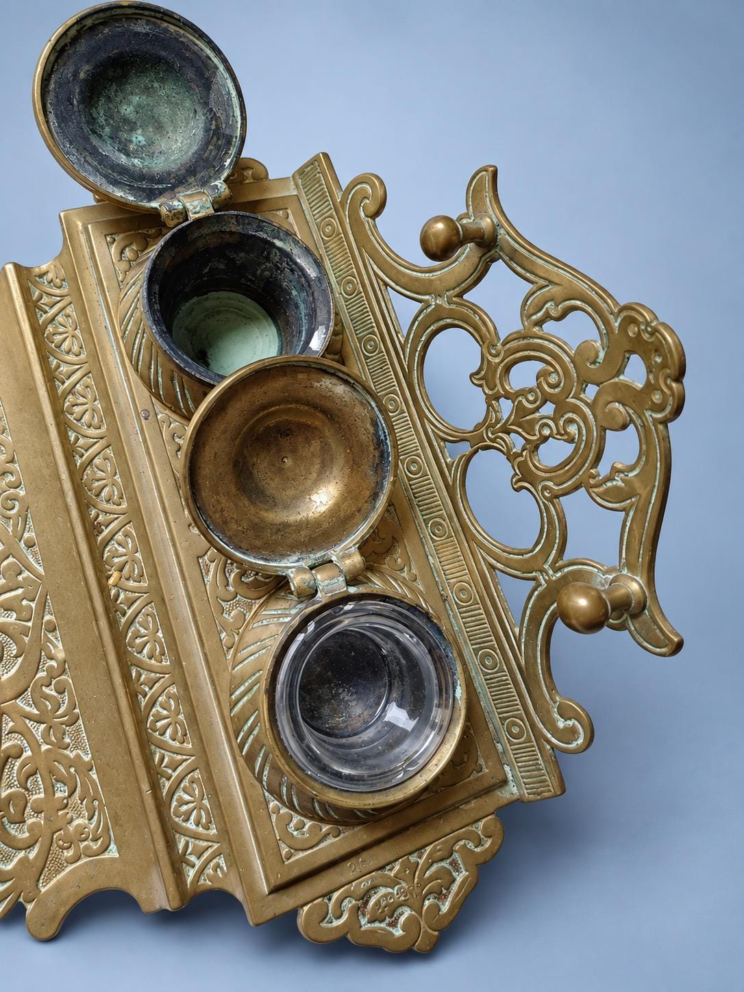 Antique Renaissance Revival Style Double Inkwell Desk Stand in Brass-Tone Metal with Pen Tray