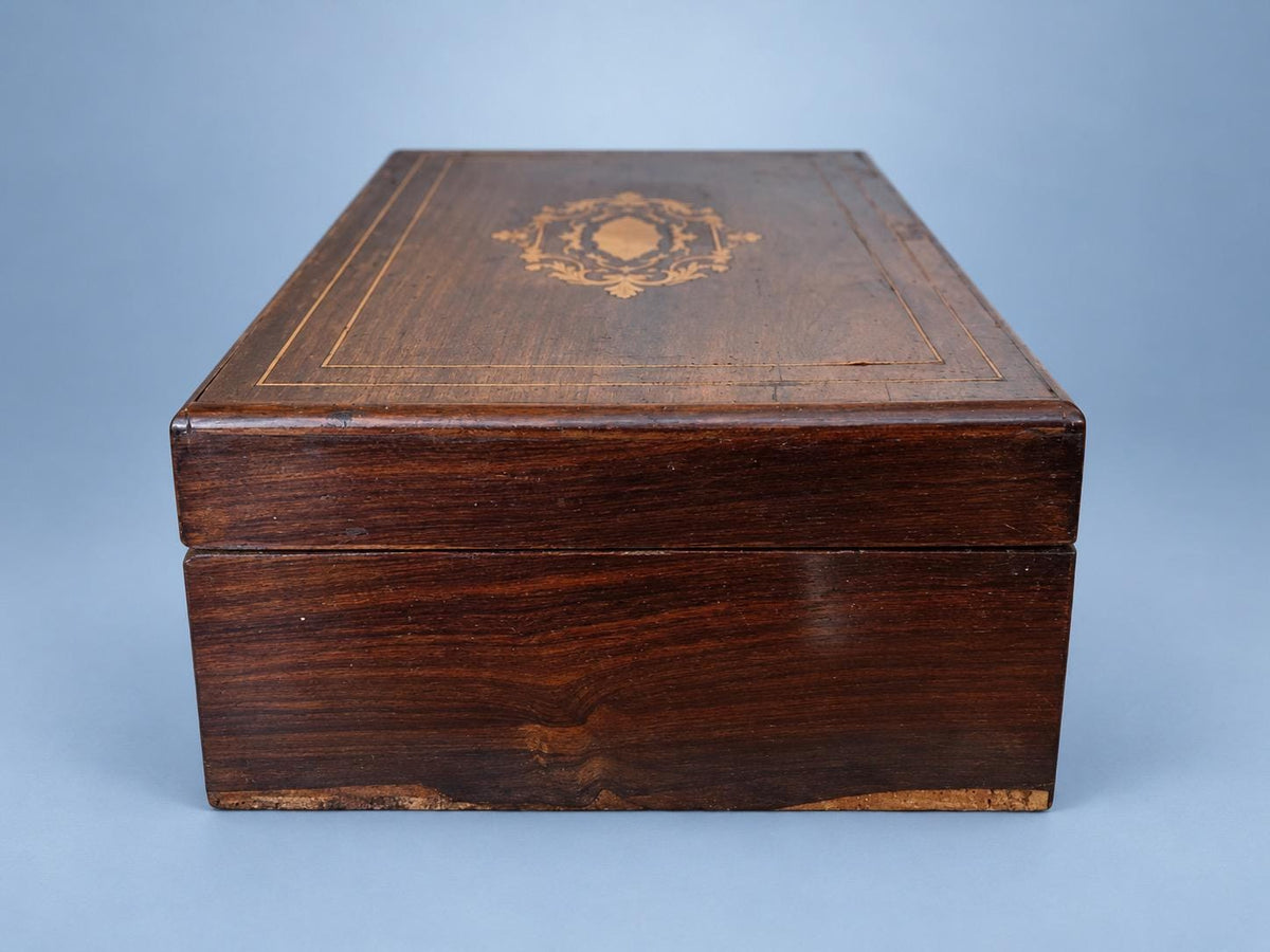 Antique Napoleon III Style Wood Marquetry Jewelry and Letter Box with Brass-Tone Borders
