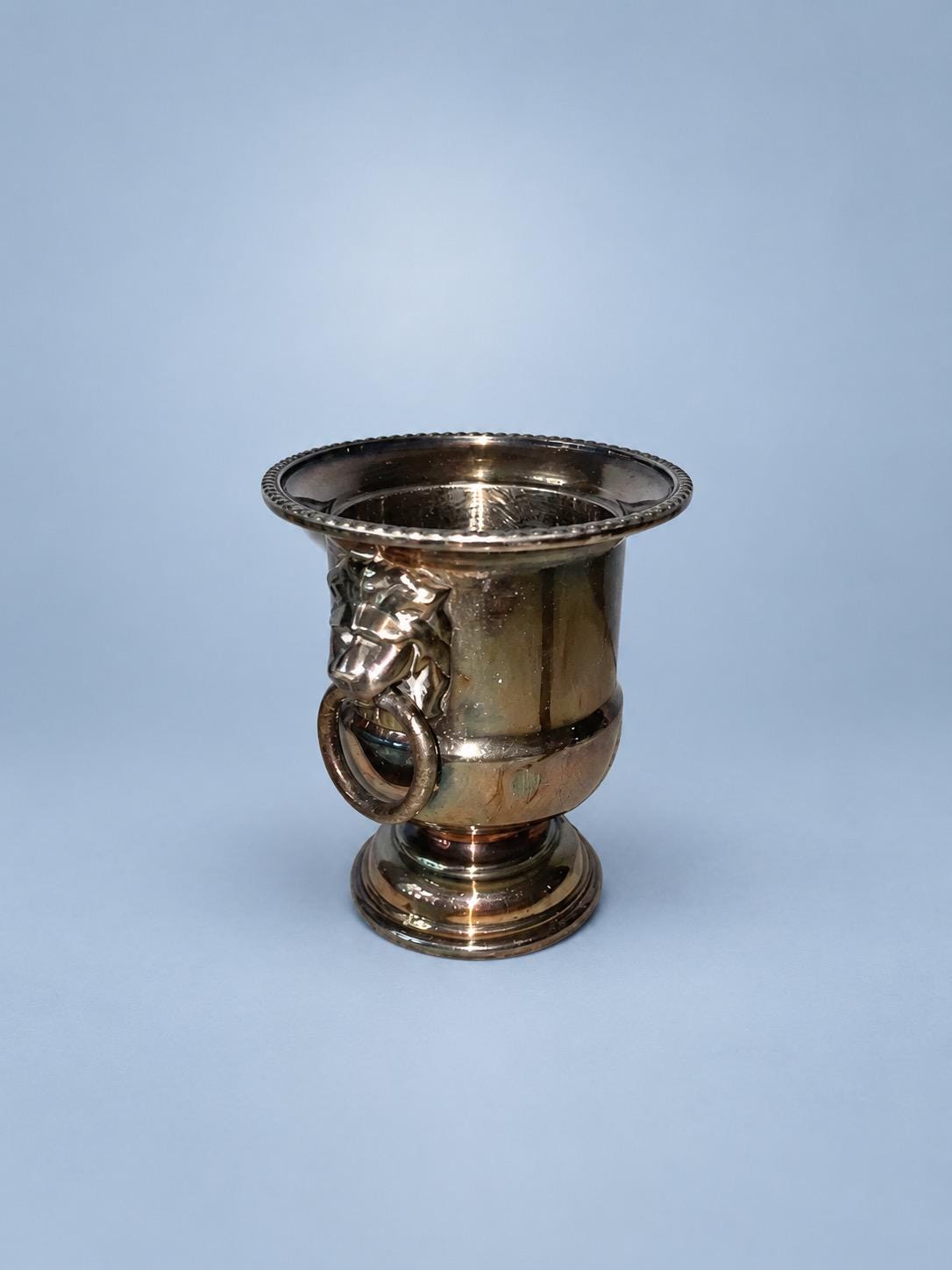 Vintage Miniature Silver-Tone Champagne Bucket Cigarette Cup with Lion Mask Ring Handles, Regency Style