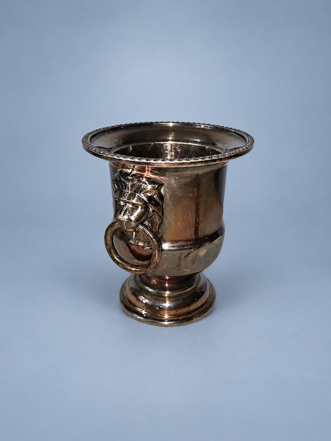 Vintage Miniature Silver-Tone Champagne Bucket Cigarette Cup with Lion Mask Ring Handles, Regency Style