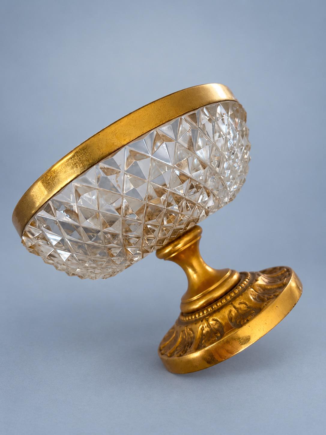 Vintage Small Footed Cut Glass Bowl with Gilt Metal Rim and Pedestal, Diamond Point Pattern