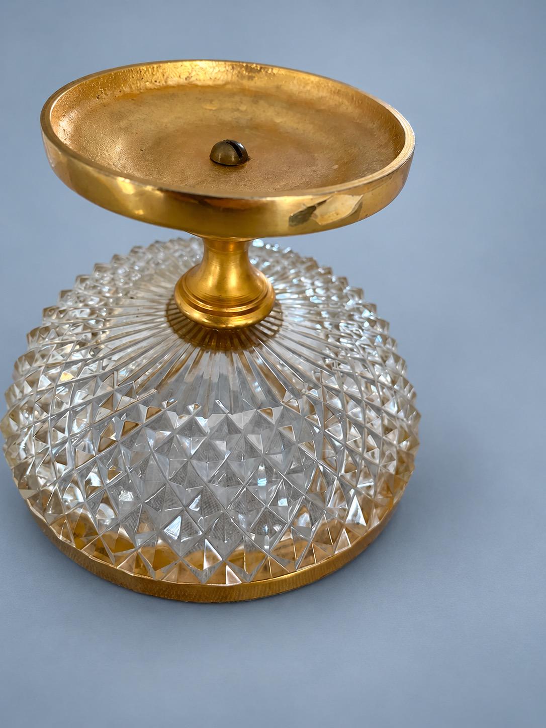 Vintage Small Footed Cut Glass Bowl with Gilt Metal Rim and Pedestal, Diamond Point Pattern