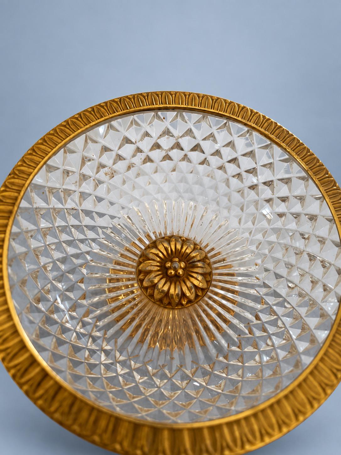 Vintage Small Footed Cut Glass Bowl with Gilt Metal Rim and Pedestal, Diamond Point Pattern