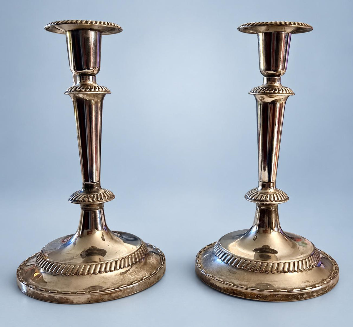 Vintage Pair of Georgian Style Silver-Tone Candlesticks with Gadrooned Borders and Tapering Stems