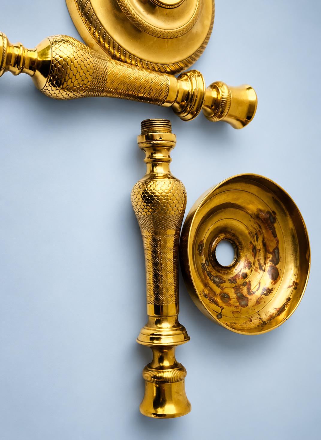 Antique Pair of Restauration Style Brass-Tone Candlesticks, Chased Diaper Pattern Baluster Shafts, Mid 19th Century