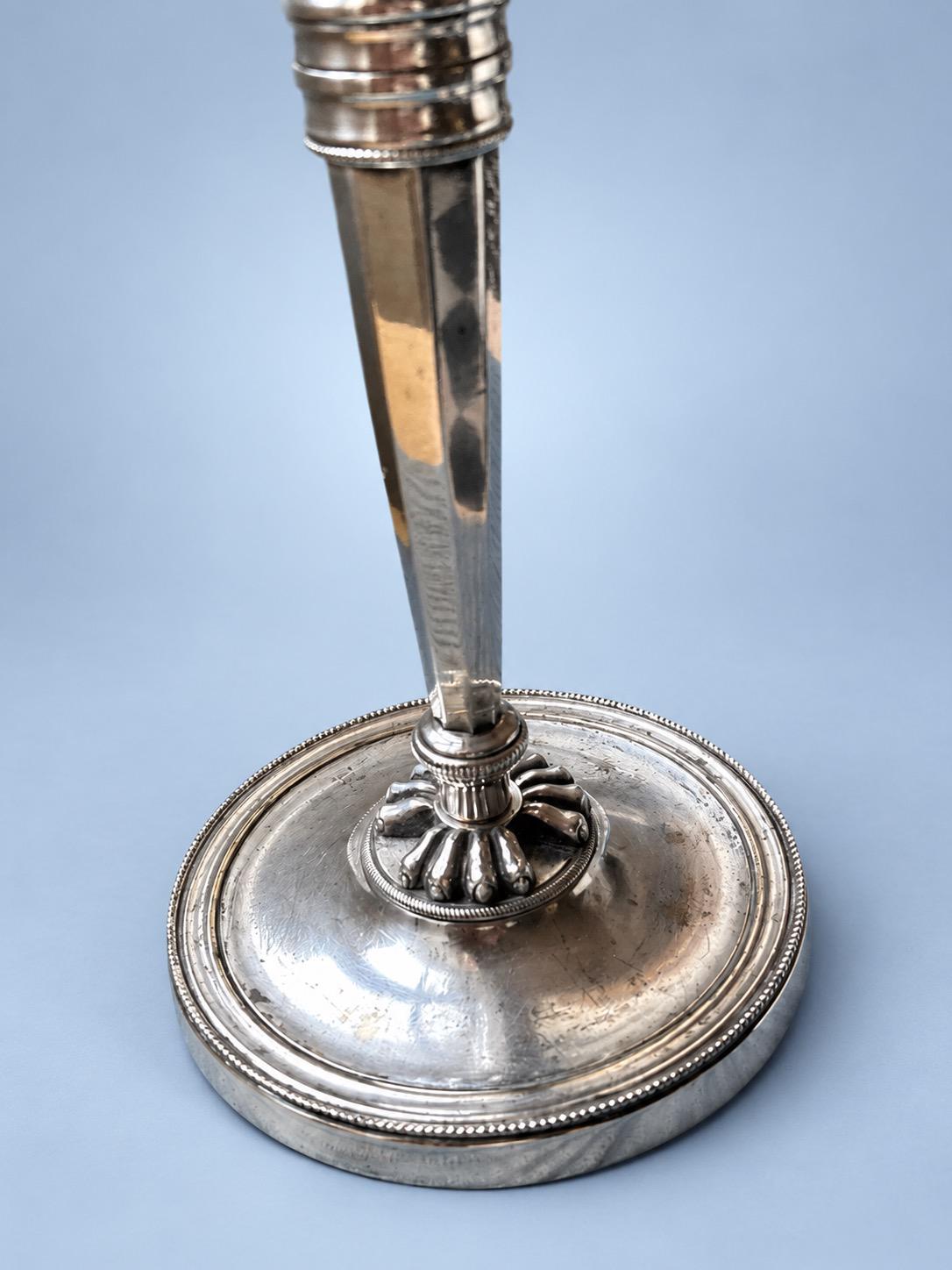 Vintage Empire Style Silver-Tone Candlestick with Tapering Shaft, Ringed Collar and Beaded Round Base