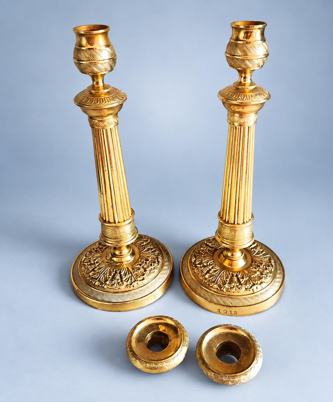 Vintage Pair of Empire Style Brass-Tone Candlesticks, Fluted Columns and Foliate Domed Bases