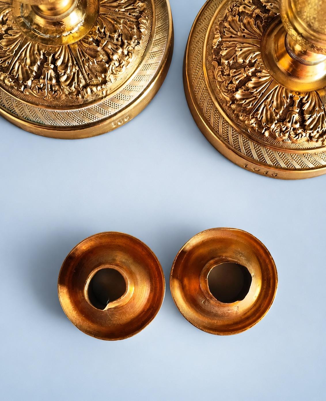 Vintage Pair of Empire Style Brass-Tone Candlesticks, Fluted Columns and Foliate Domed Bases