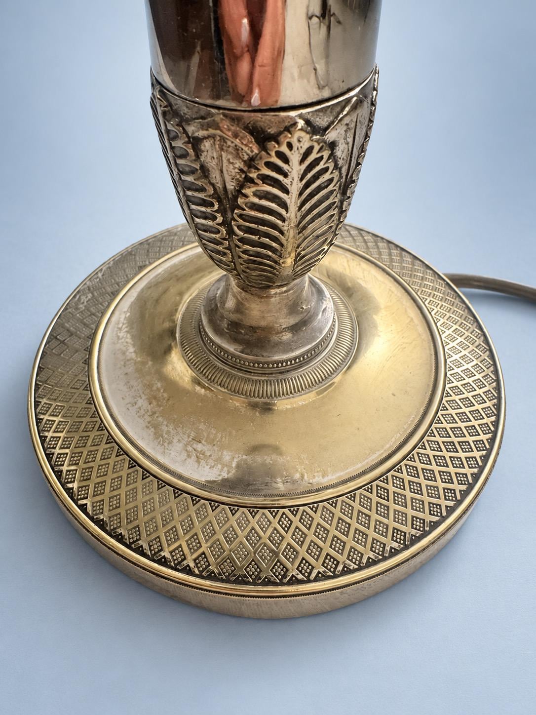 Vintage Empire Style Silver-Tone Candlestick Lamp Base, Palmette Collar and Guilloché Round Base