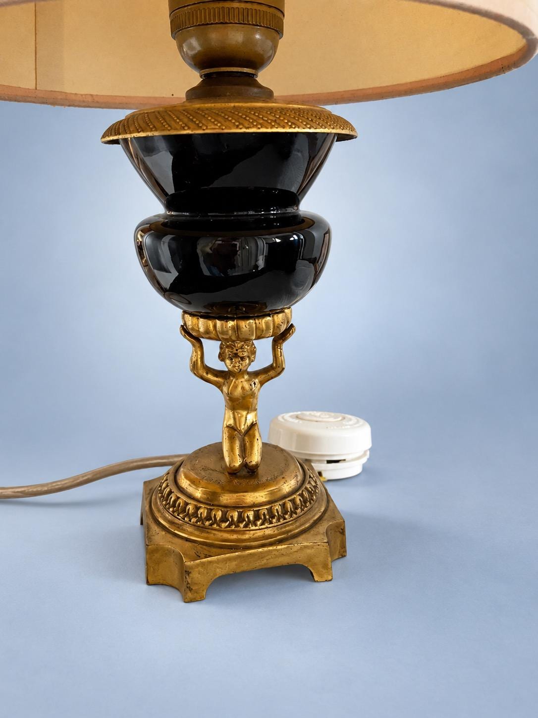Vintage Napoleon III Style Small Black and Gilt Metal Table Lamp Base, Figural Stem on Square Footed Base