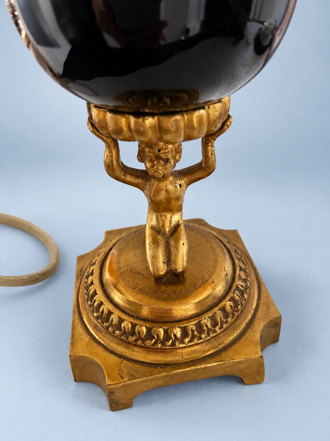 Vintage Napoleon III Style Small Black and Gilt Metal Table Lamp Base, Figural Stem on Square Footed Base