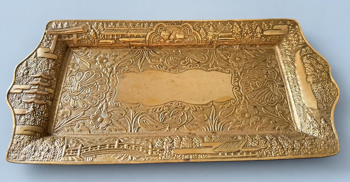 Vintage Japonisme Style Brass-Tone Tray with Pagoda, Torii Gate and Bridge Scenes, Floral Centre