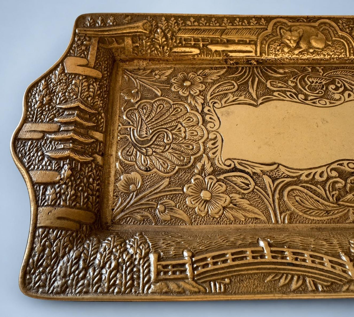 Vintage Japonisme Style Brass-Tone Tray with Pagoda, Torii Gate and Bridge Scenes, Floral Centre