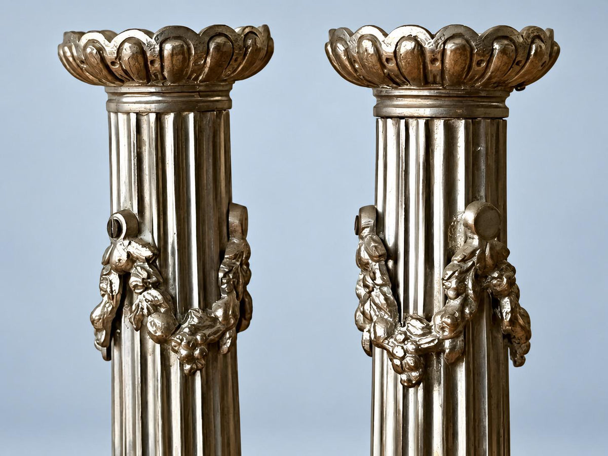 Vintage Pair of Empire Style Silver-Tone Tripod Candlesticks, Fluted Columns, Lion Paw Feet and Classical Heads