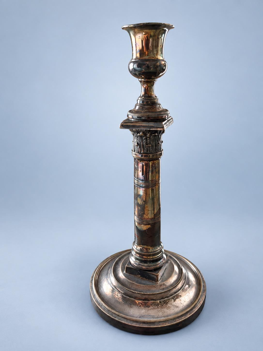 Vintage Empire Style Silver-Tone Column Candlestick with Leaf Capital, Urn Cup and Beaded Round Base