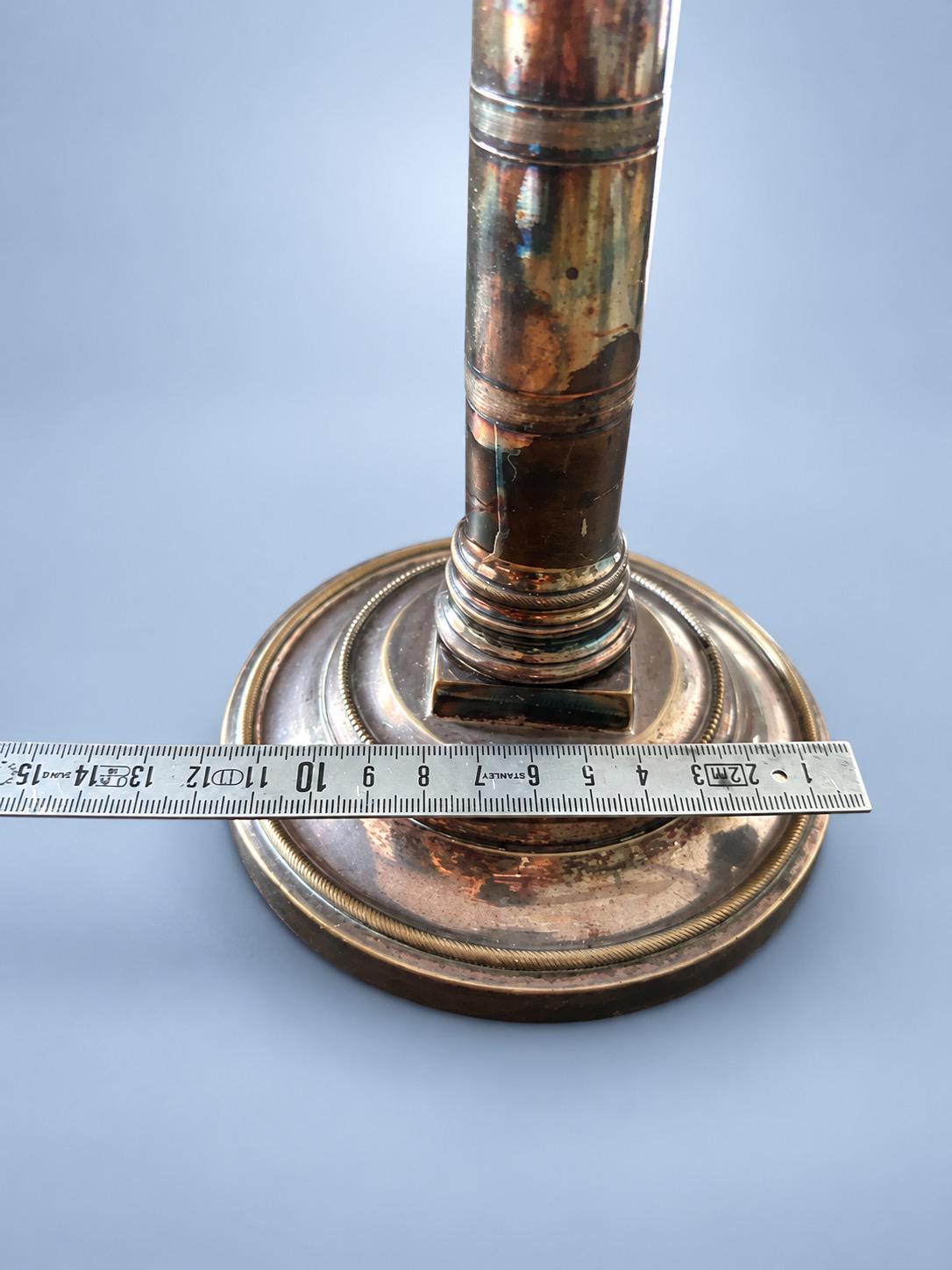 Vintage Empire Style Silver-Tone Column Candlestick with Leaf Capital, Urn Cup and Beaded Round Base