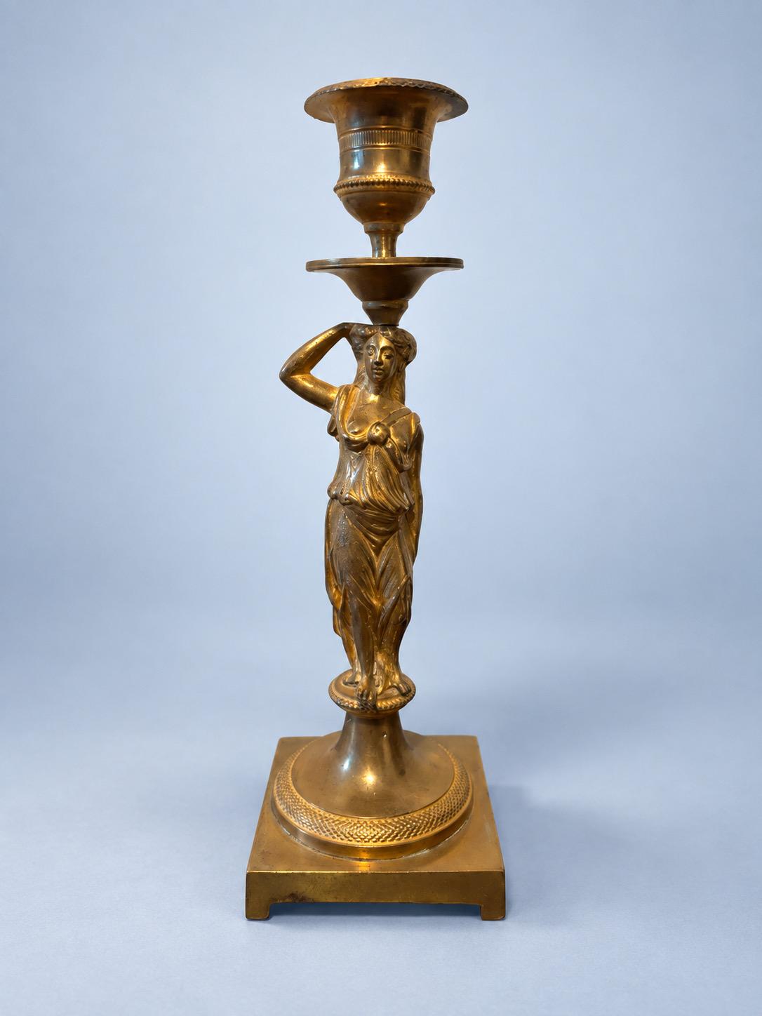 Vintage Empire Style Gilt Metal Caryatid Candlestick, Draped Classical Figure on Square Plinth