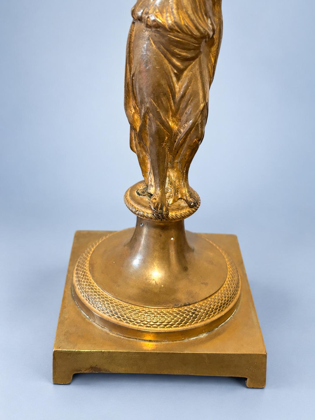 Vintage Empire Style Gilt Metal Caryatid Candlestick, Draped Classical Figure on Square Plinth