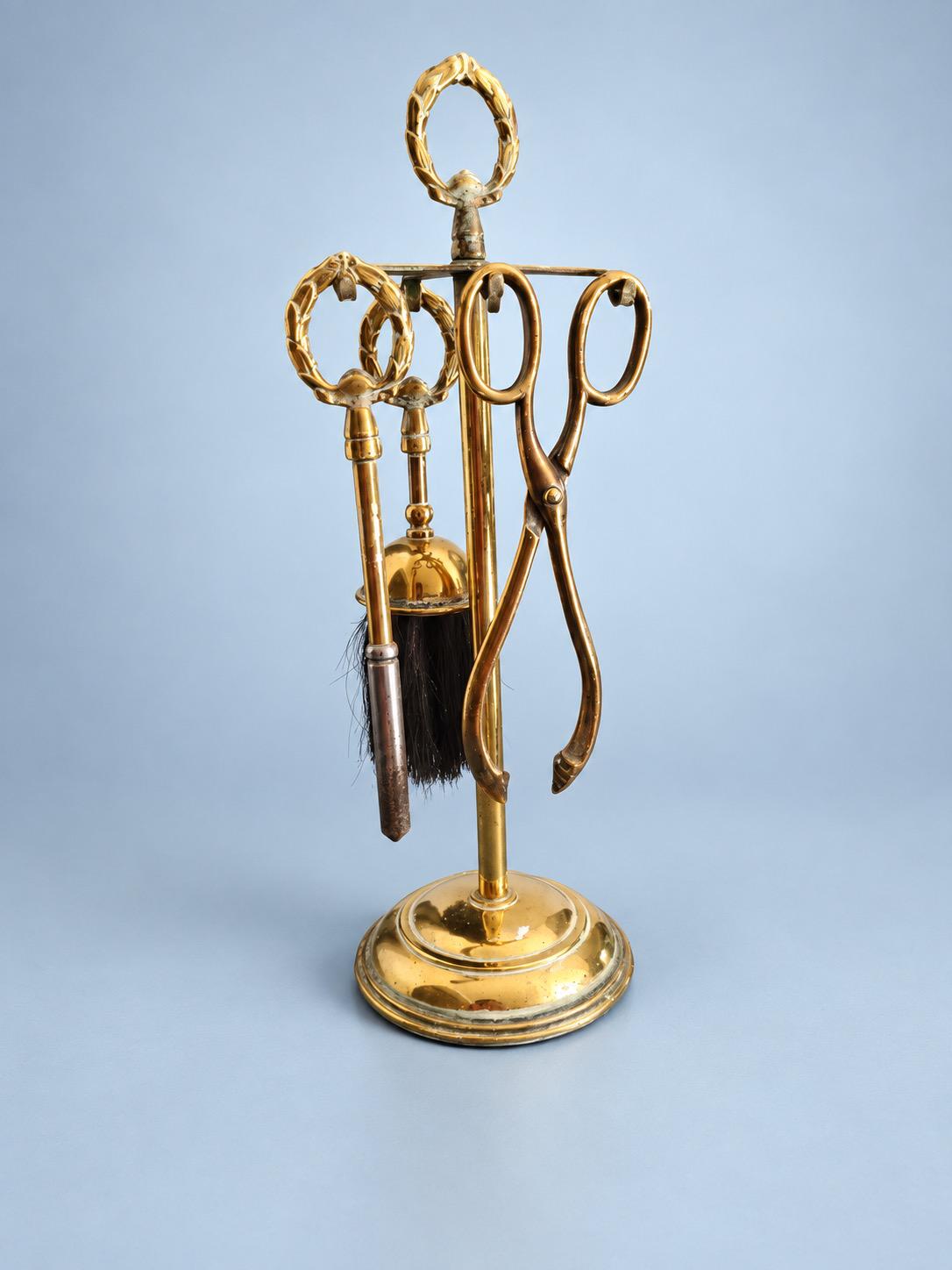 Vintage Small Empire Style Brass-Tone Fireside Companion Set with Laurel Wreath Handles, Stand, Brush, Poker and Tongs