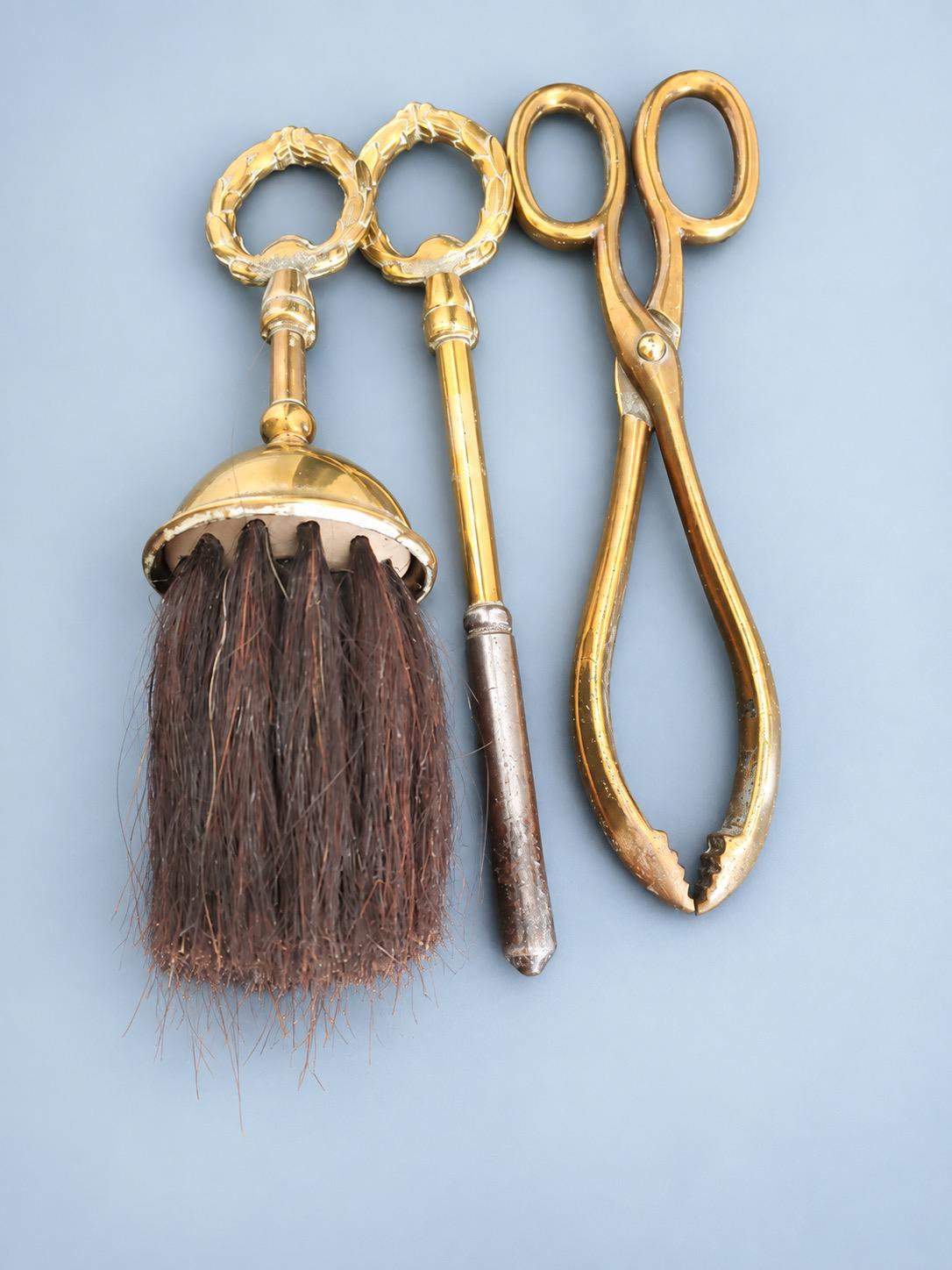Vintage Small Empire Style Brass-Tone Fireside Companion Set with Laurel Wreath Handles, Stand, Brush, Poker and Tongs