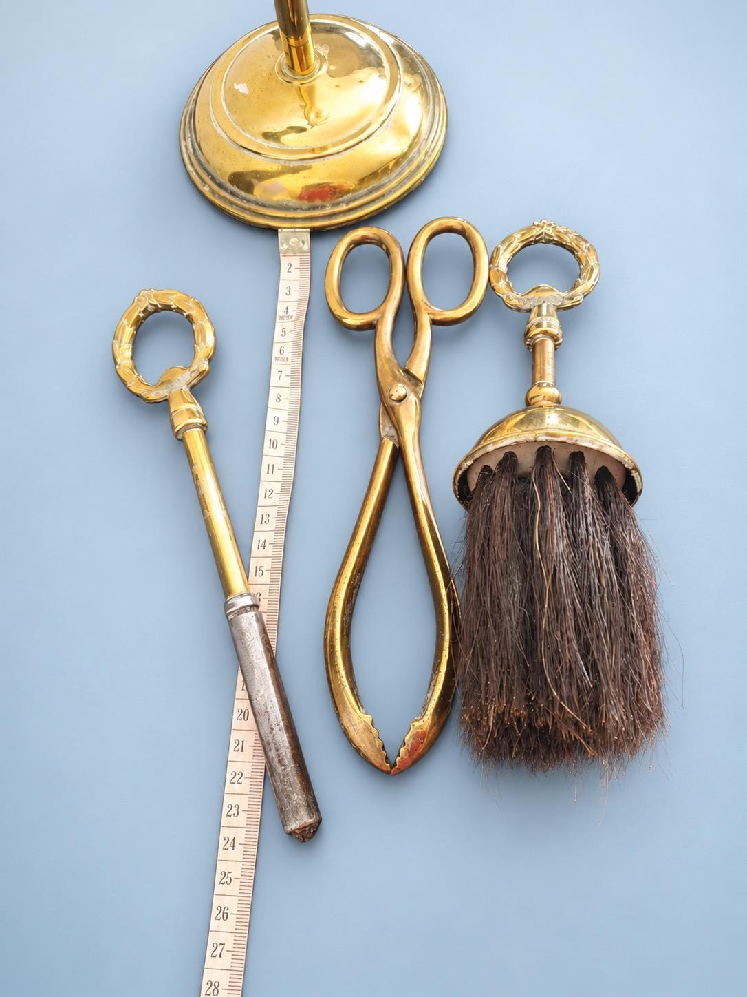 Vintage Small Empire Style Brass-Tone Fireside Companion Set with Laurel Wreath Handles, Stand, Brush, Poker and Tongs
