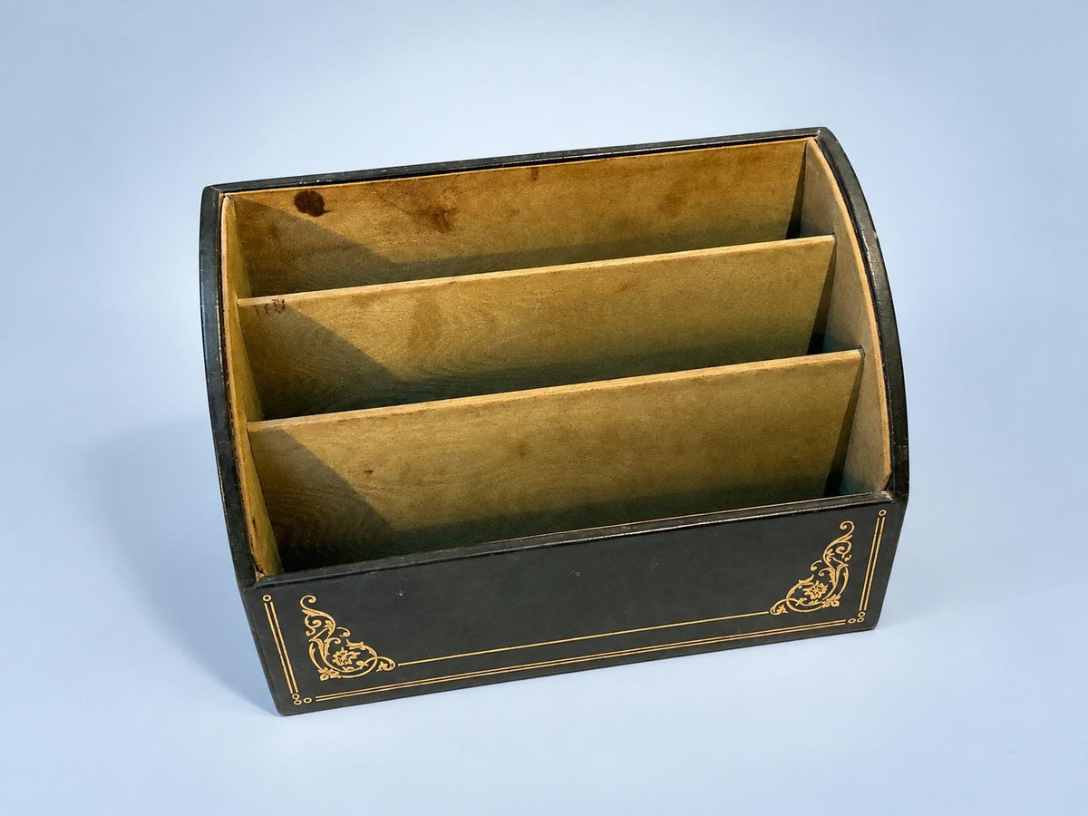 Vintage Green Leather Desk Letter Organizer with Gilt Tooled Scrolls, Three Tiered Compartments