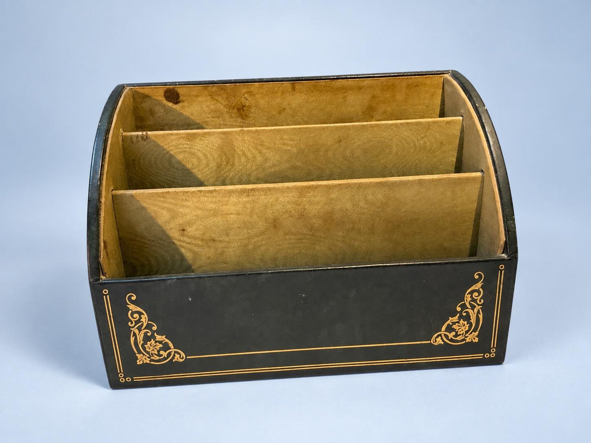 Vintage Green Leather Desk Letter Organizer with Gilt Tooled Scrolls, Three Tiered Compartments