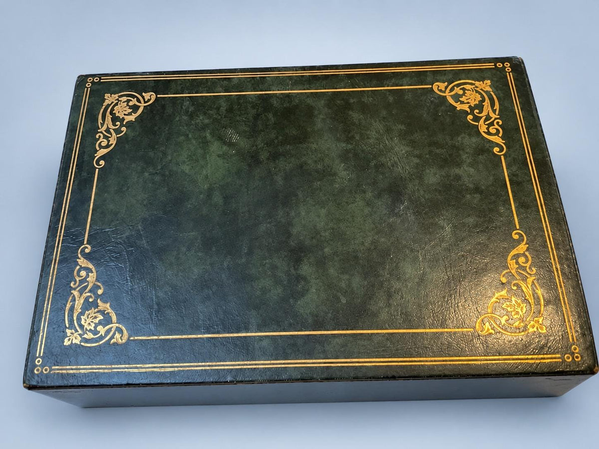 Vintage Green Leather Desk Letter Organizer with Gilt Tooled Scrolls, Three Tiered Compartments