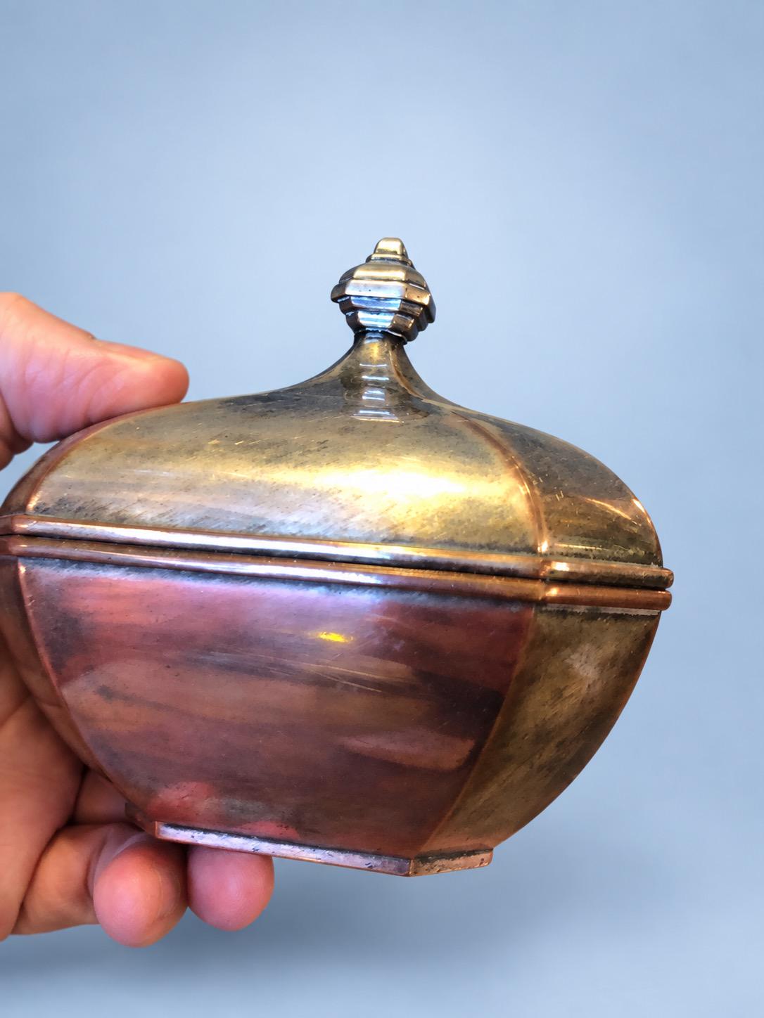 Vintage Art Deco Style Octagonal Lidded Box, Silver-Tone Metal with Domed Faceted Lid and Stepped Finial