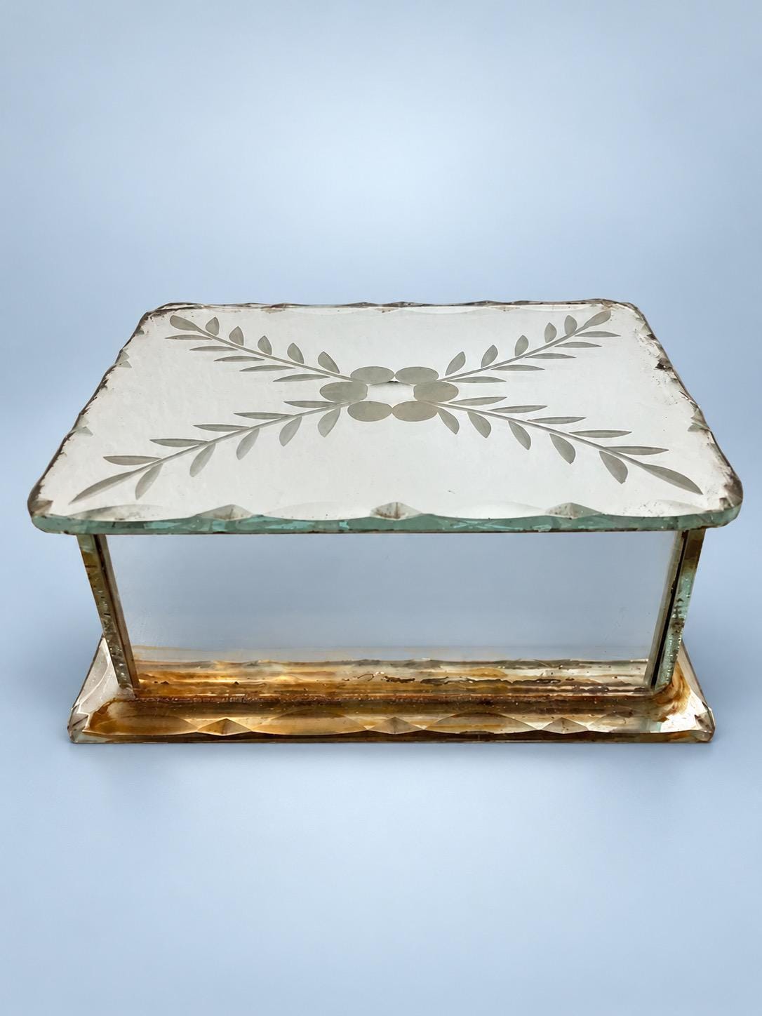 Vintage Art Deco Mirrored Glass Jewelry Box, Bevelled Edges and Engraved Leaf Spray Lid, 1930s