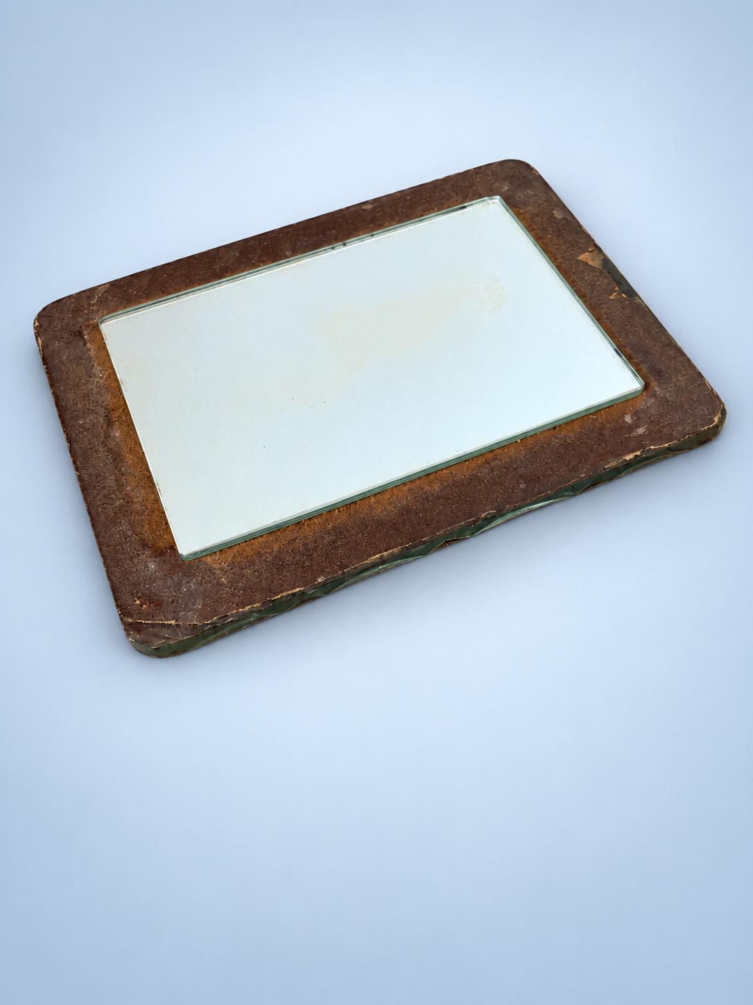 Vintage Art Deco Mirrored Glass Jewelry Box, Bevelled Edges and Engraved Leaf Spray Lid, 1930s