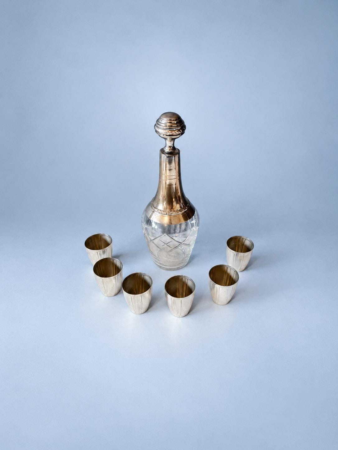 Vintage Liqueur Set, Cut Glass Decanter with Silver-Tone Neck and Stopper, Six Fluted Silver-Tone Beakers