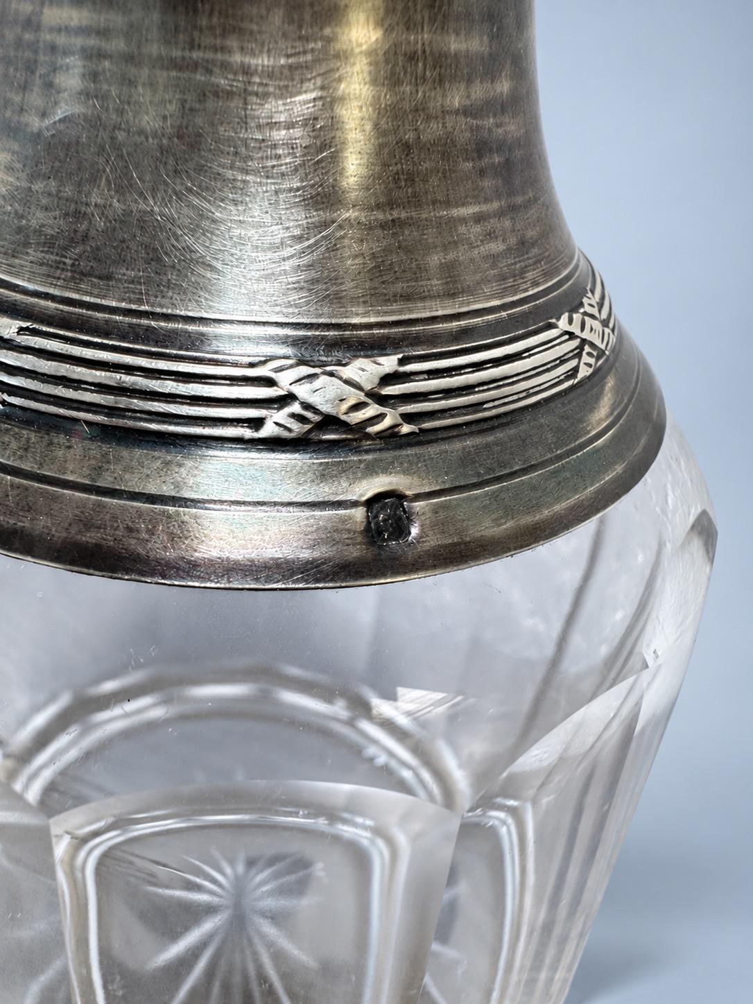 Vintage Louis XVI Style Cut Glass Decanter with Silver-Tone Neck Mount and Ball Stopper, Crossed Ribbon Bands