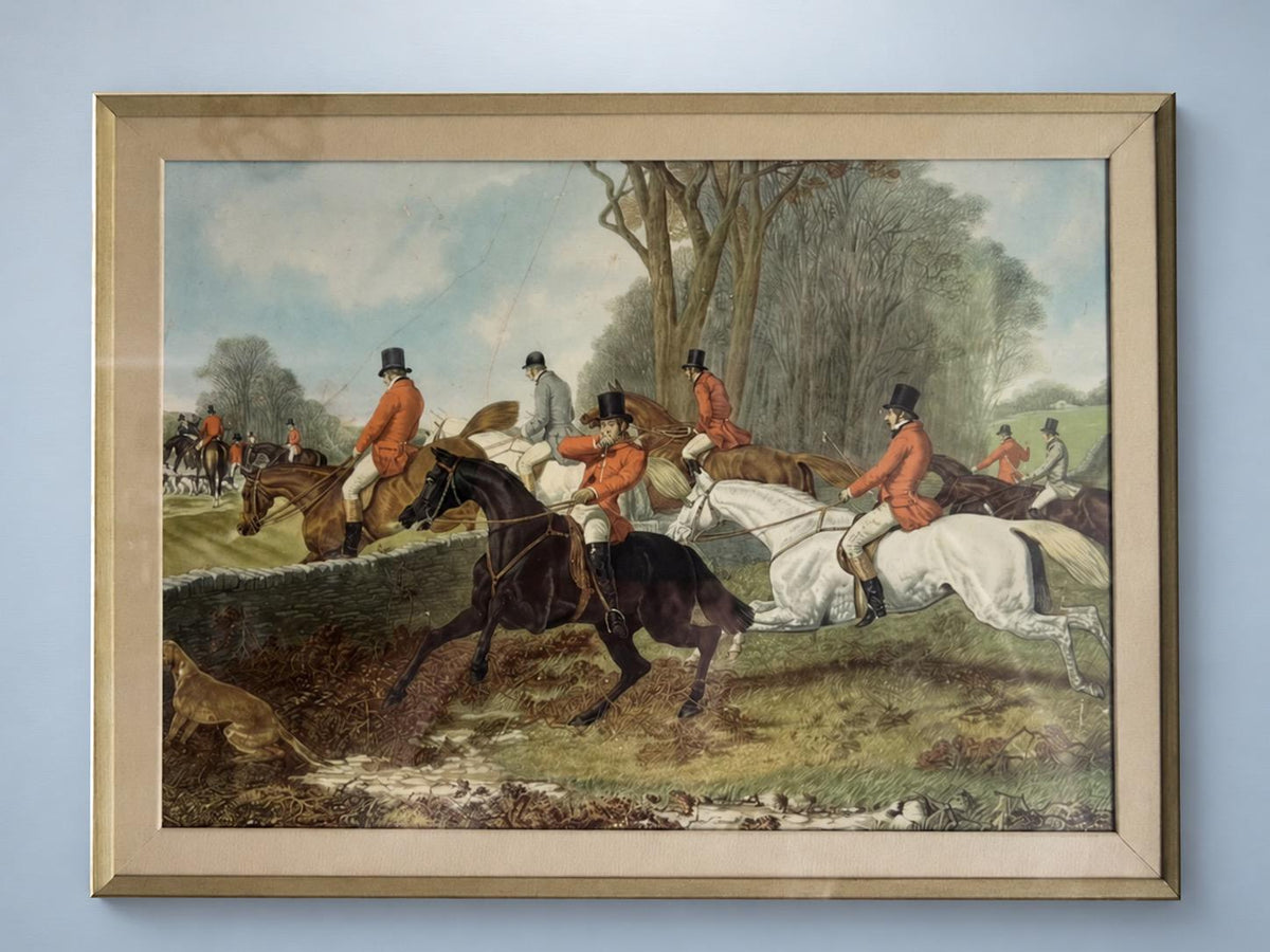Vintage Framed Equestrian Hunt Print, Riders and Deer in Woodland, Cream Mat and Dark Frame, 48 x 39 cm
